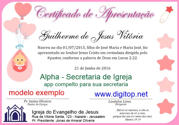 Certificado de Apresentação de Criança - menina