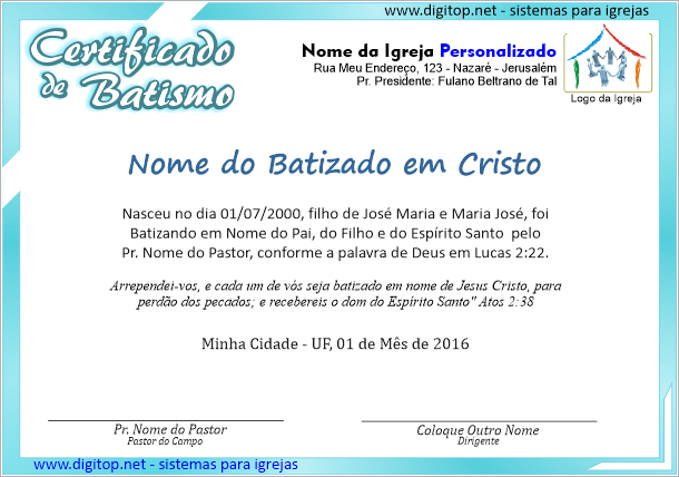 Certificado de Batismo nas águas