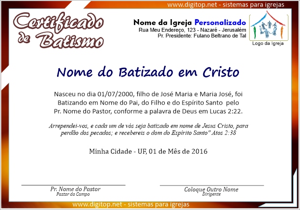 Certificado de Batismo nas águas