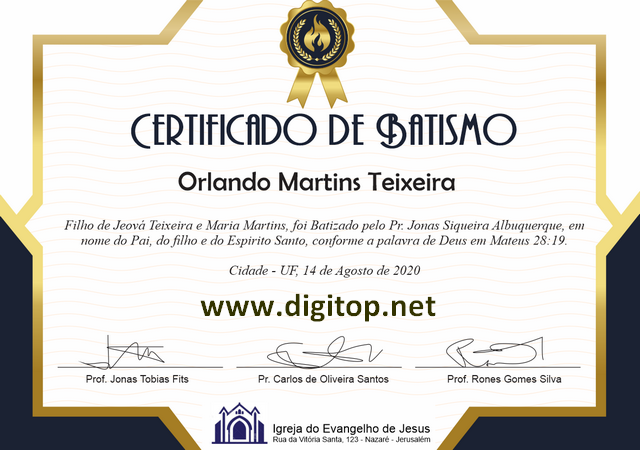 Certificado de Batismo nas águas